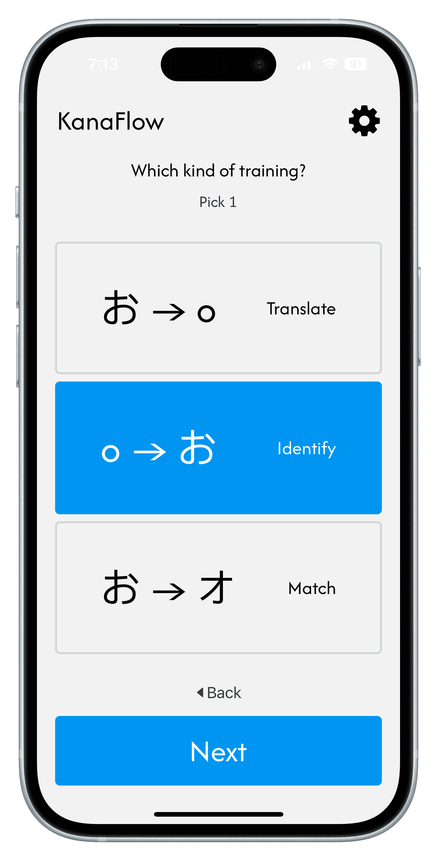 Screen shot of choosing from translate, identify, and match kana exercises